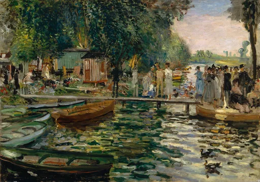 Rowboats moored on a rippling river beside a crowded floating platform of promenading Parisians under trees, in green, gold, and pale pink