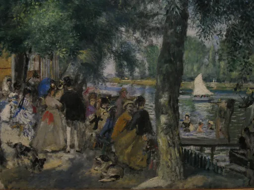 Fashionably dressed Parisians and dogs gather under trees by a riverside bathing spot with a sailboat and swimmers, in dark green, blue, and gold