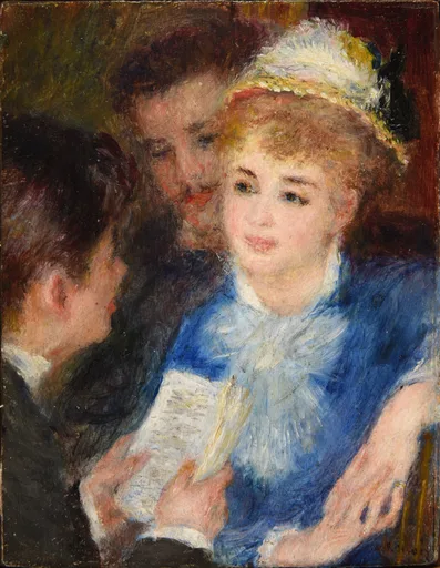 A young woman in a feathered hat and blue dress reads a script while two men lean in close beside her, in warm brown, blue, and flesh tones