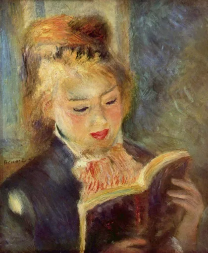 A young woman with auburn hair pinned up reads intently from an open book, wearing a dark blue jacket with a ruffled collar, in soft blue and warm flesh tones