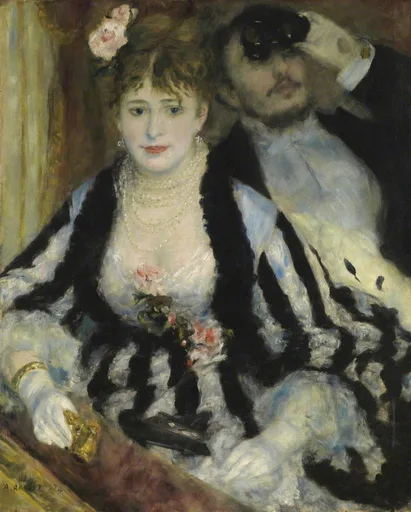 A woman in a black and white striped gown with pearls sits in a theatre box as a man behind her raises opera glasses
