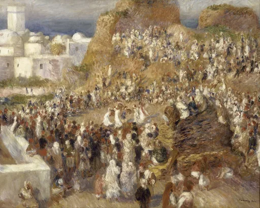 A vast crowd in white and brown robes gathers on a hillside near a domed mosque and minaret, painted in sandy ochre, white and deep blue