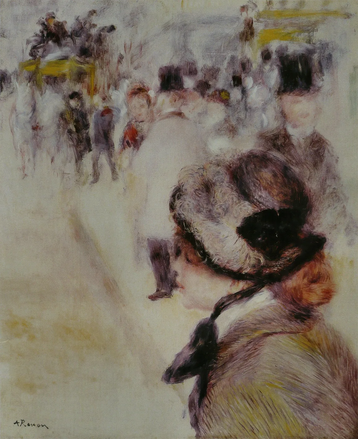 A woman in a black bonnet seen close up in profile on a busy Paris street, with blurred pedestrians and carriages behind her in pale cream and ochre tones