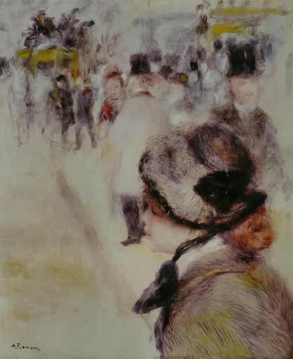 A woman in a black bonnet seen close up in profile on a busy Paris street, with blurred pedestrians and carriages behind her in pale cream and ochre tones