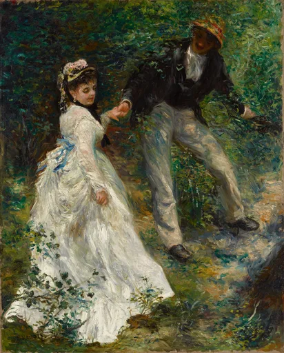 A couple in fine dress walks hand in hand through dense green woodland, she in a white gown trimmed with ivy