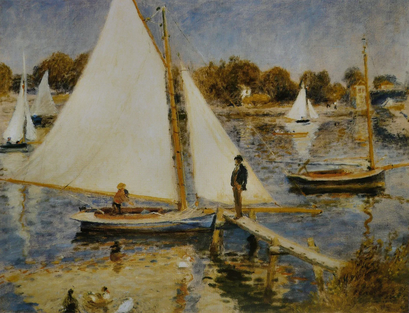 A large white sailboat is moored at a wooden jetty where a man stands, other sailboats and cottages along the riverbank.