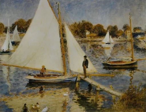 A large white sailboat is moored at a wooden jetty where a man stands, other sailboats and cottages along the riverbank.