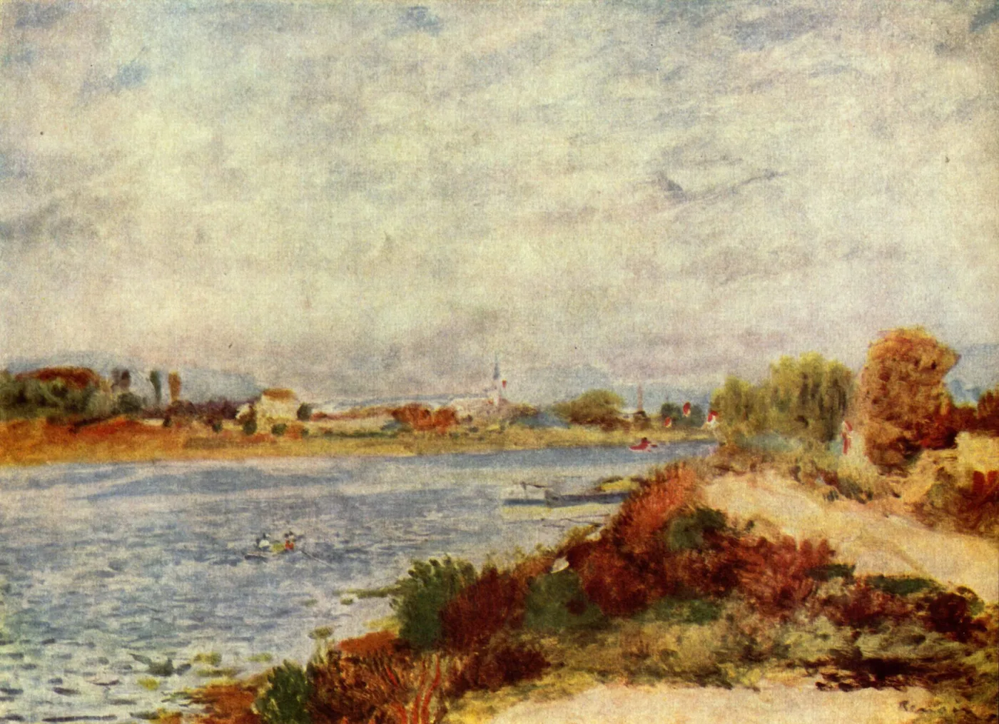 A wide river bend at Argenteuil with a small rowboat on the water and a distant village under a pale sky, in beige, rust, and blue tones