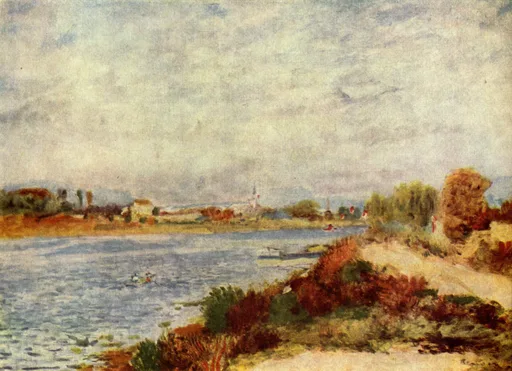 A wide river bend at Argenteuil with a small rowboat on the water and a distant village under a pale sky, in beige, rust, and blue tones