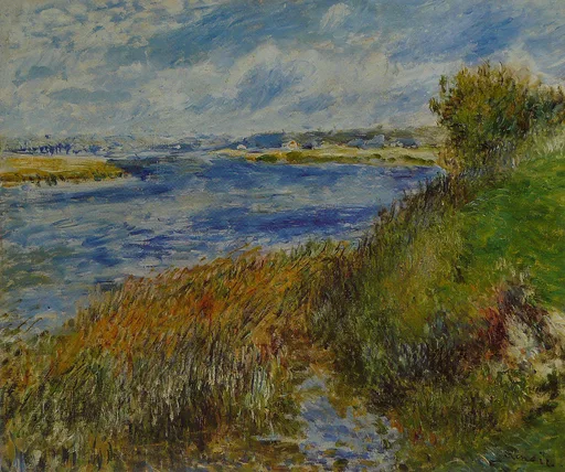 An empty river bend fringed with tall reeds and grassy banks under a windswept cloudy sky, in blue, green, and ochre tones