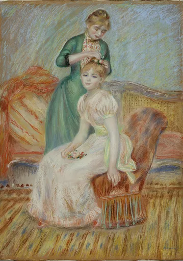 A pastel shows a woman in green arranging flowers in the hair of a seated girl in a cream dress, warm interior tones.