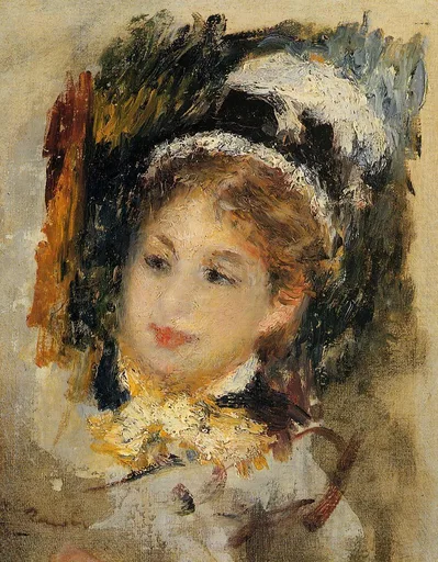 A loosely painted portrait of a woman's face beneath a plumed hat, in warm browns and cream