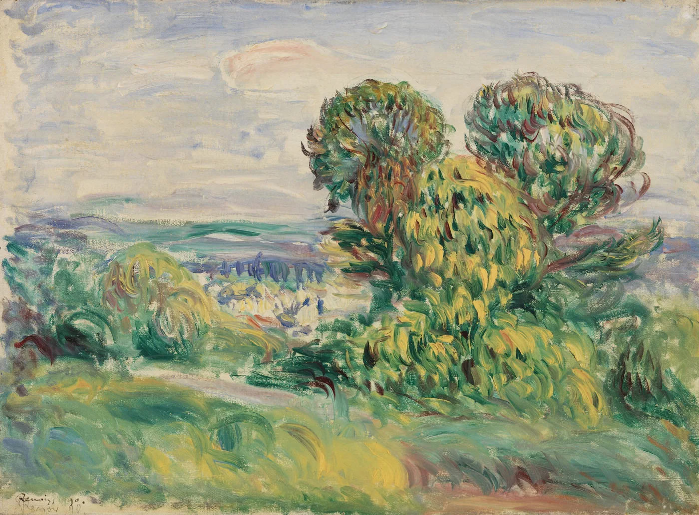 Windswept trees in golden-green foliage crown a hill above a valley village, beneath lavender-blue hills.