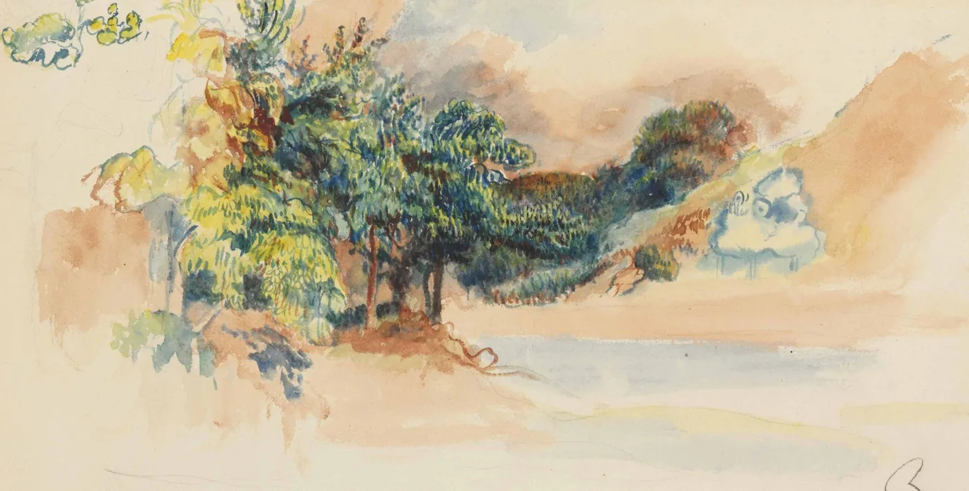 A watercolour sketch shows trees on a riverbank in pale pink-orange washes above blue-grey water.