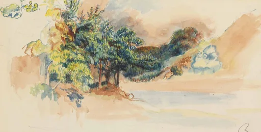 A watercolour sketch shows trees on a riverbank in pale pink-orange washes above blue-grey water.
