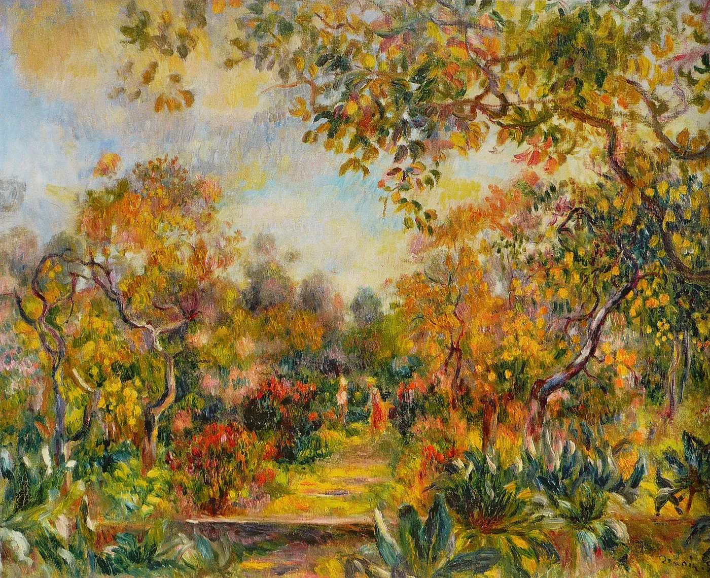 A golden-orange garden path winds beneath arching branches and dense flowering trees, two small figures walking.