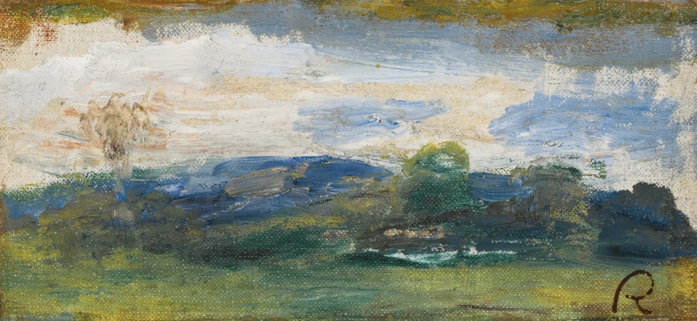 A small sketch shows a cloudy pale sky over dark blue-green hills and a green meadow, one thin tree at left.