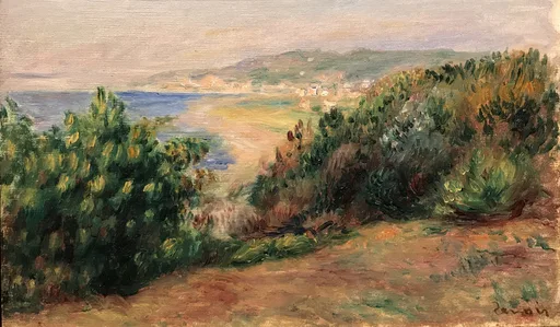 A coastal path opens between green and ochre shrubs toward a blue sea and a distant hazy coastal town.