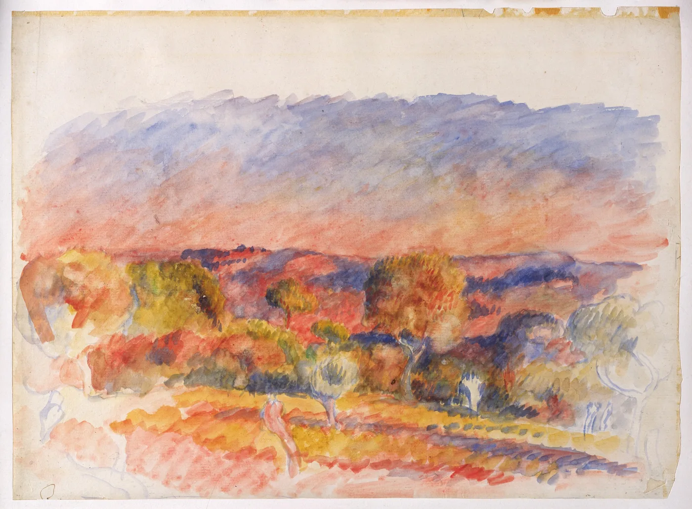 A watercolour twilight landscape glows in orange-red and purple-blue light over hills and small trees.