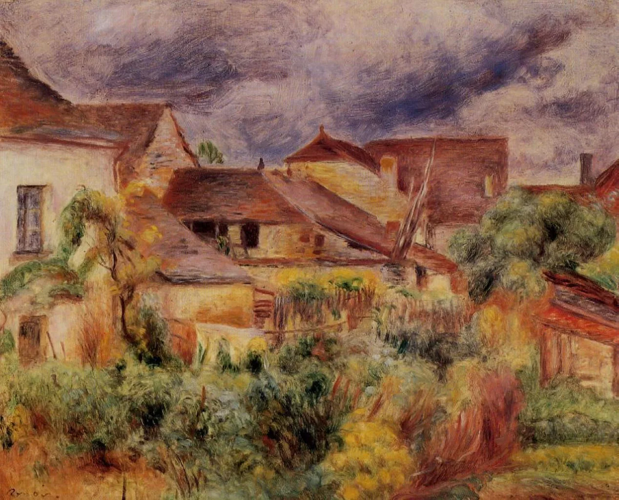 A cluster of red-roofed farmhouses with overgrown gardens stands beneath a dramatic stormy purple-grey sky.