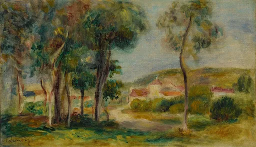 Tall trees frame a view of red-roofed village houses along a hillside path amid green fields.