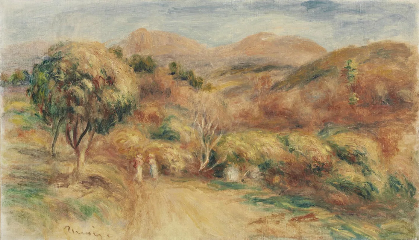 Sunlit arid hills in ochre and rust surround a dirt path where tiny figures walk among olive trees.