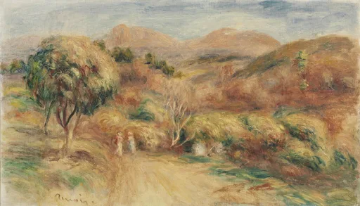 Sunlit arid hills in ochre and rust surround a dirt path where tiny figures walk among olive trees.