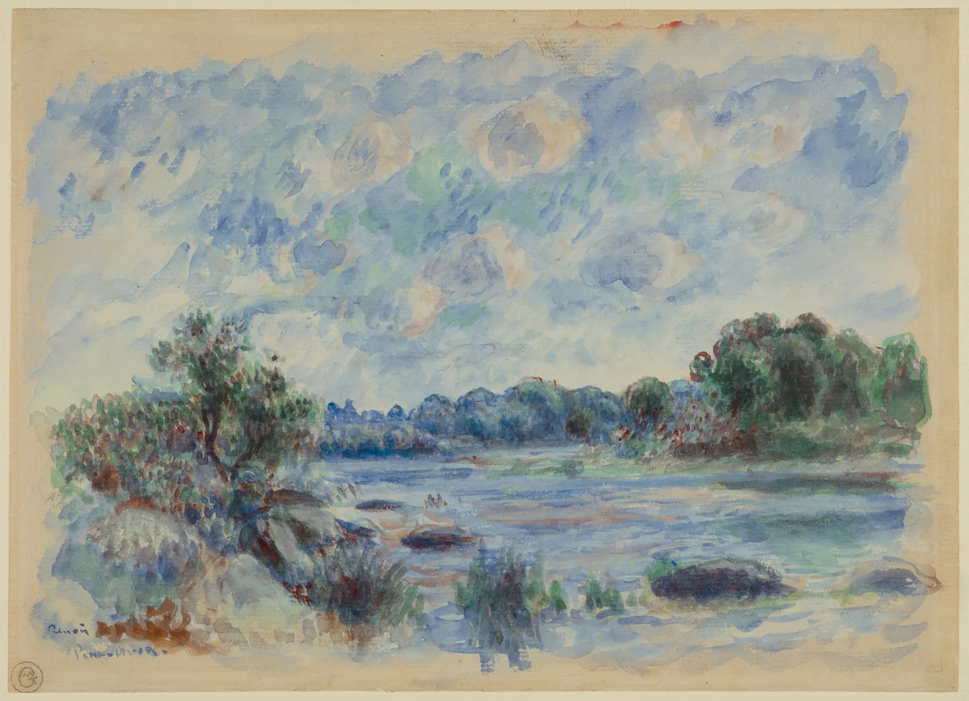 A watercolour shows a calm blue river bordered by green trees and a rocky shore beneath a vast cloudy sky.