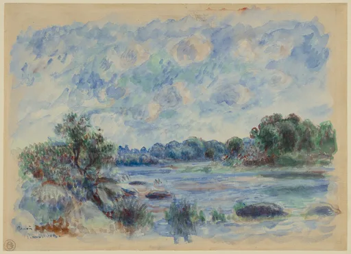 A watercolour shows a calm blue river bordered by green trees and a rocky shore beneath a vast cloudy sky.