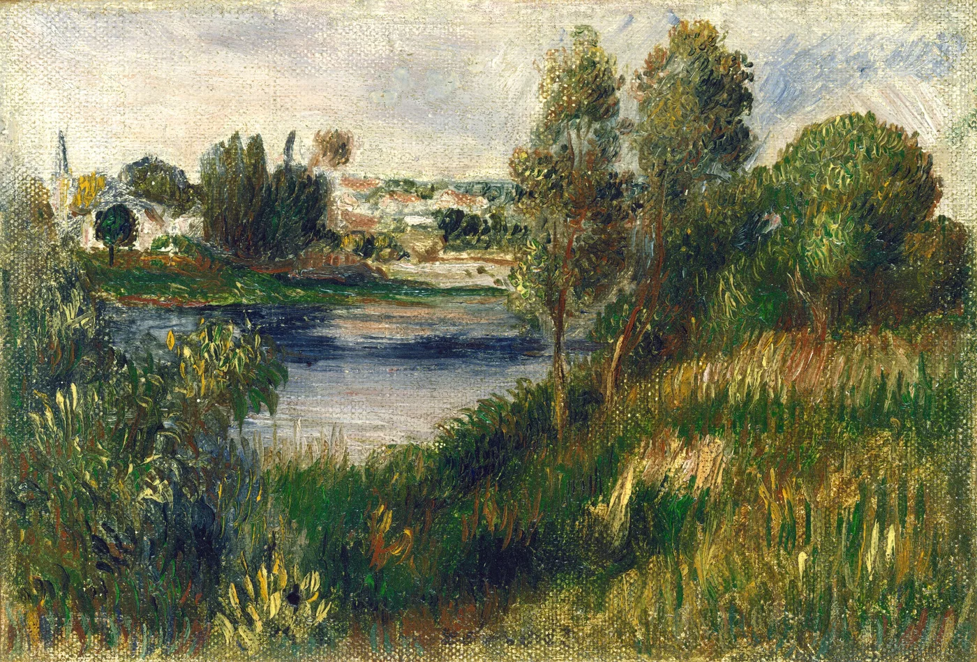 A dark river bend is framed by tall trees, a distant village with red roofs visible beyond green grasses.