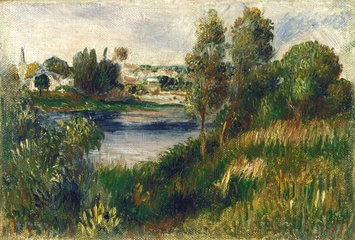 A dark river bend is framed by tall trees, a distant village with red roofs visible beyond green grasses.