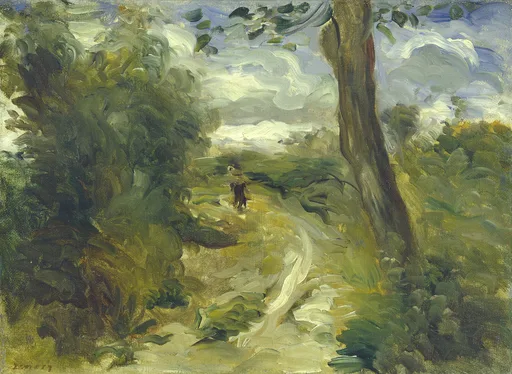 A windswept tree stands beneath a dramatic cloudy sky as a small figure walks a path through dense green foliage.