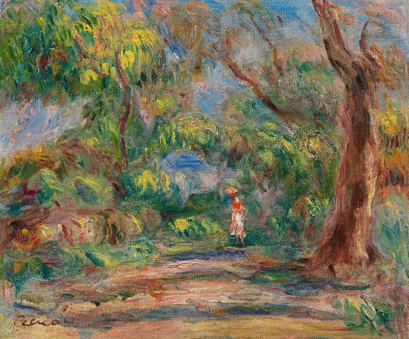 A small figure in a red top and white skirt walks a shaded lane between tall trees in dappled green and gold light.