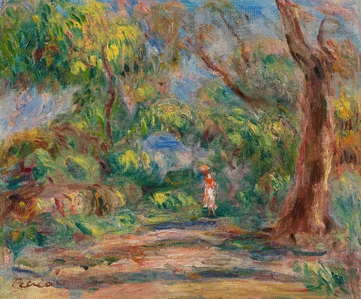 A small figure in a red top and white skirt walks a shaded lane between tall trees in dappled green and gold light.