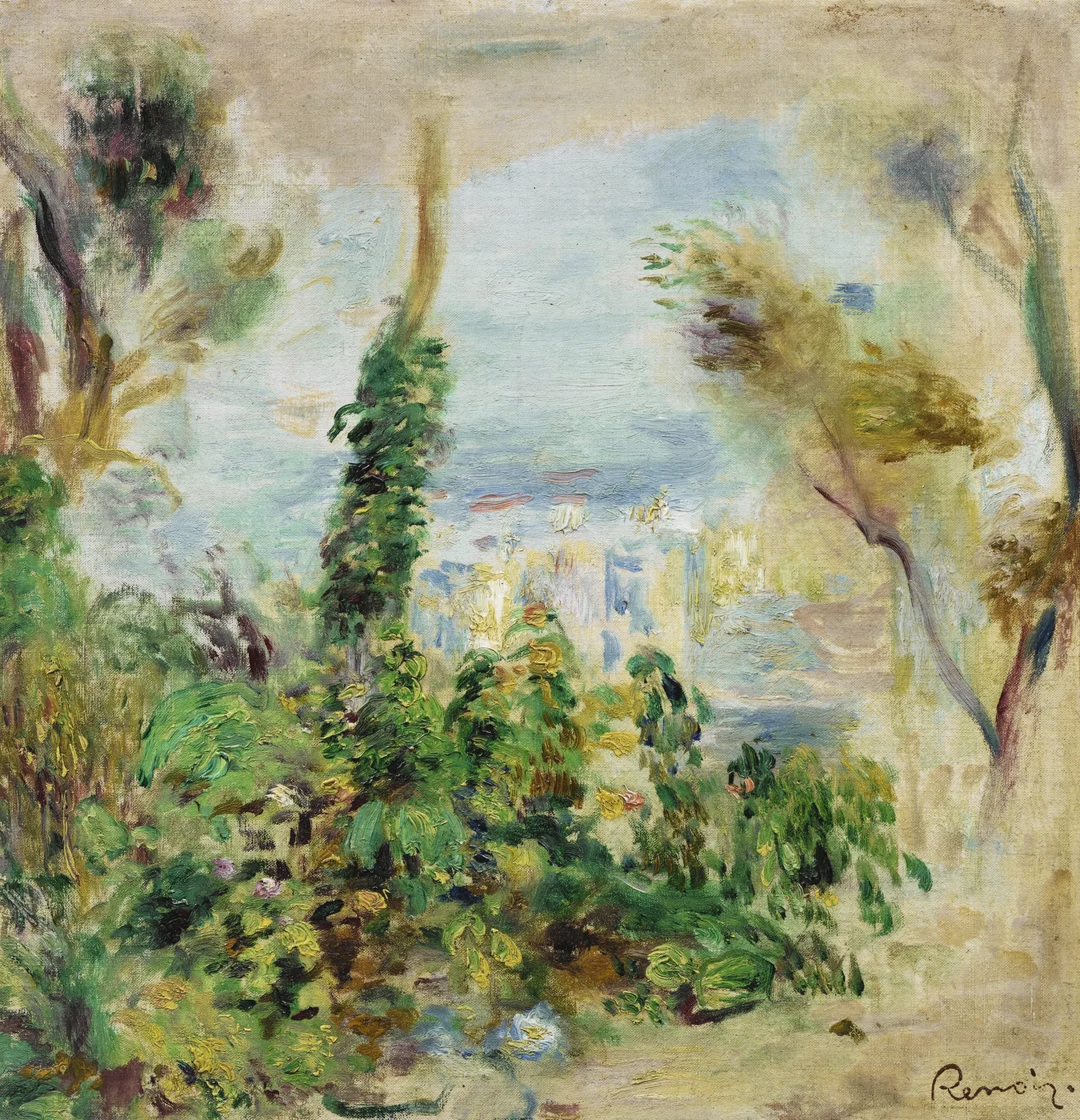 Climbing flowering vines and shrubs frame a hazy view of pale buildings beyond, in soft blue and green tones.