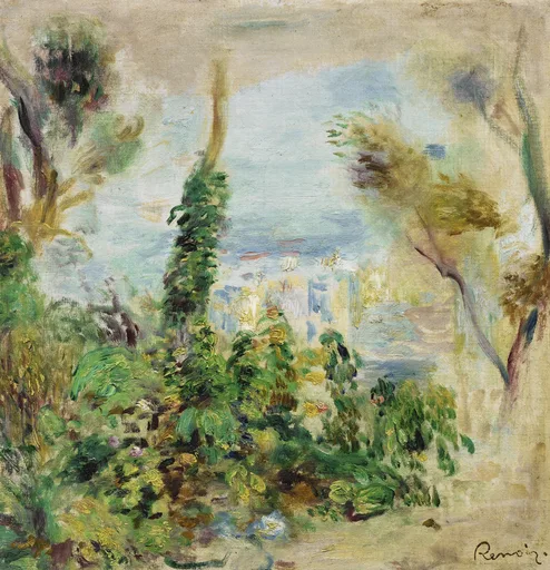 Climbing flowering vines and shrubs frame a hazy view of pale buildings beyond, in soft blue and green tones.