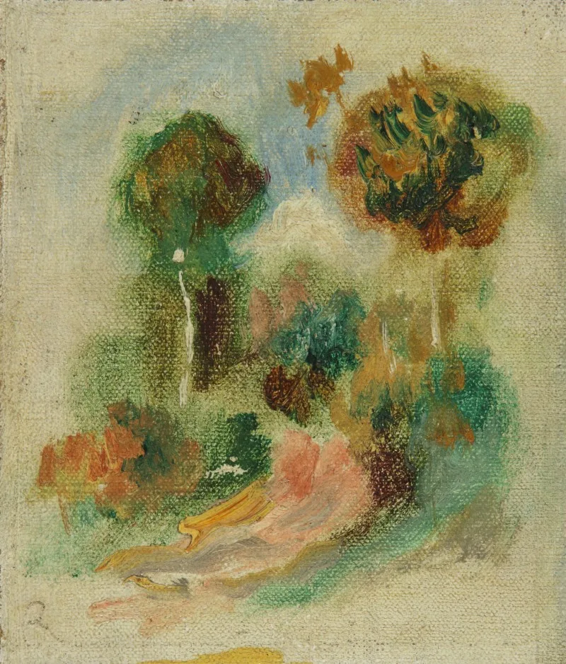 An unfinished landscape fragment shows sparse trees in green and rust beside a pink path, on bare canvas.