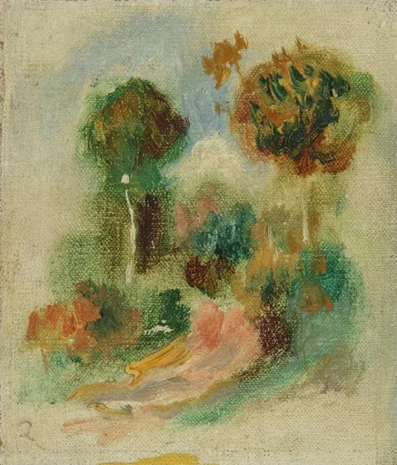 An unfinished landscape fragment shows sparse trees in green and rust beside a pink path, on bare canvas.