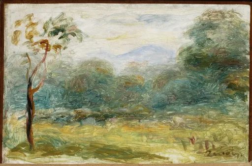 A thin bare tree stands beside dense green woods, a distant blue mountain rising above a green meadow.