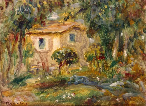 A small ochre cottage with a red-tiled roof nestles among dense green trees.