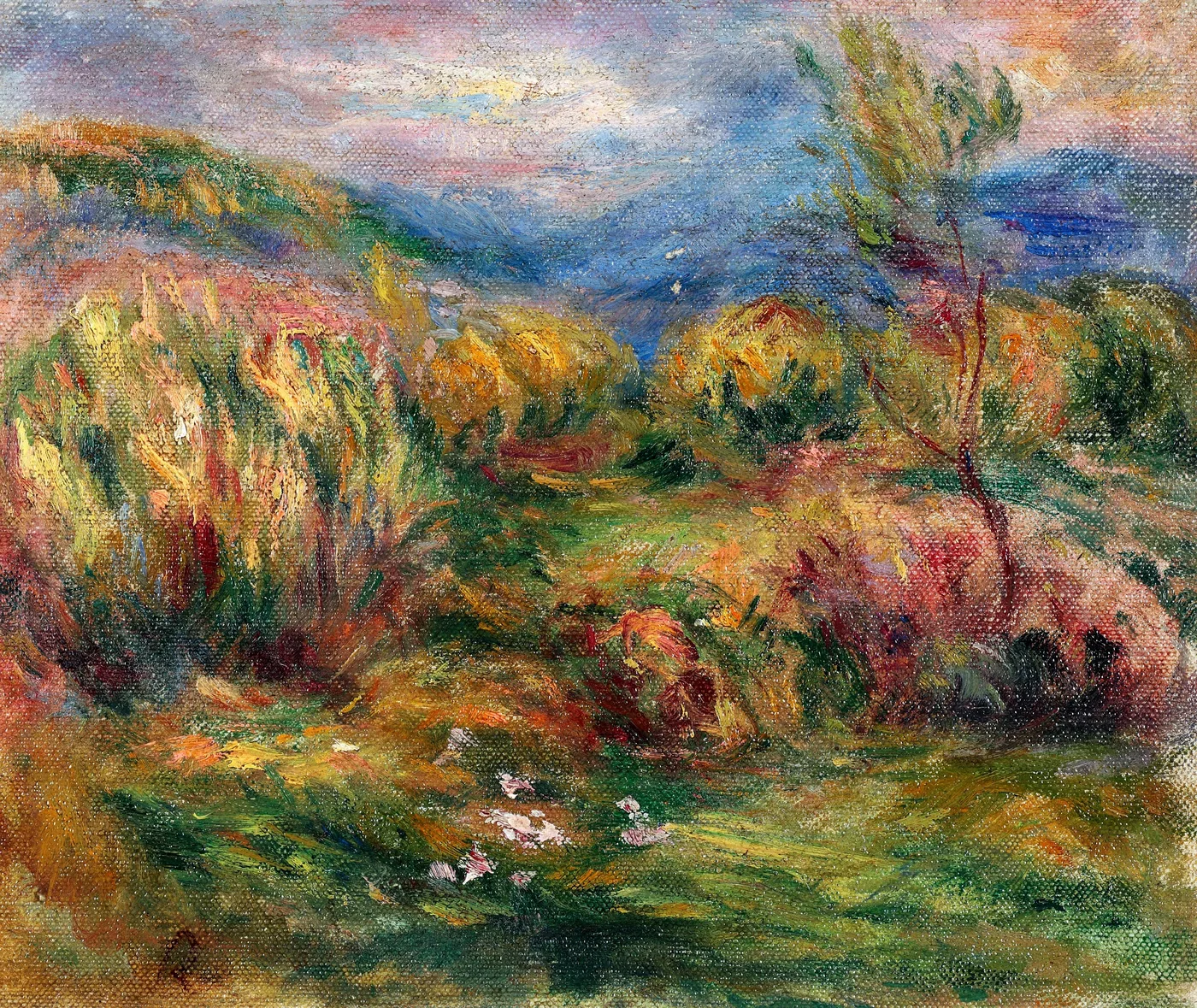An empty hilly landscape with dense colourful shrubs and a lone tree leading to distant blue hills, in orange, green, and pink tones