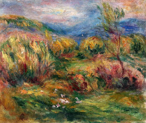 An empty hilly landscape with dense colourful shrubs and a lone tree leading to distant blue hills, in orange, green, and pink tones