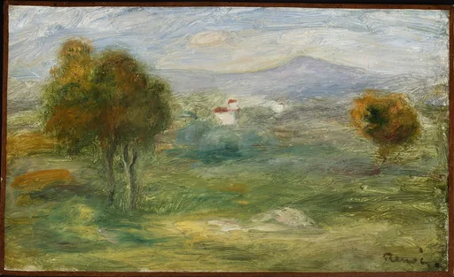 Golden trees dot a green meadow before distant red-roofed houses and a hazy blue mountain.