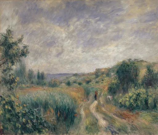 A wide cloudy sky stretches over a wheat field and dirt road where a small dark figure walks among red poppies.