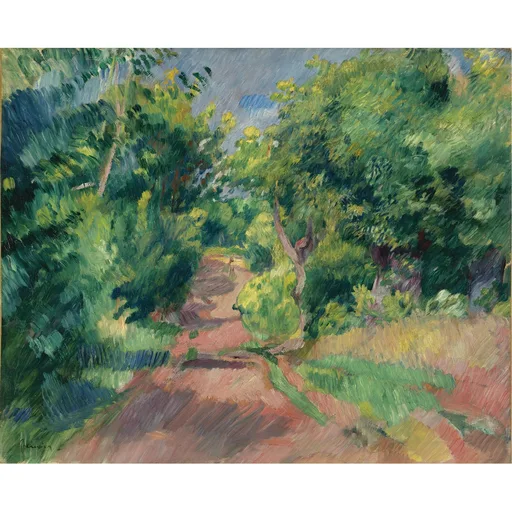 A rust-coloured dirt road winds between dense green trees, a small figure walking in the distance under a glimpse of sky.