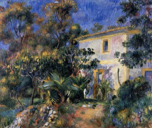A white villa with yellow window frames stands amid dense trees and shrubs under a deep blue sky.