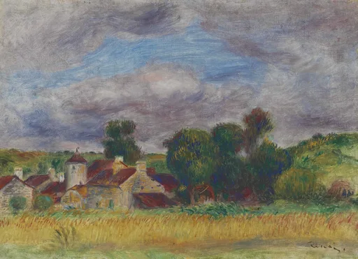 Red-roofed village houses and a small tower nestle among trees beyond a golden field, under a dramatic overcast sky.