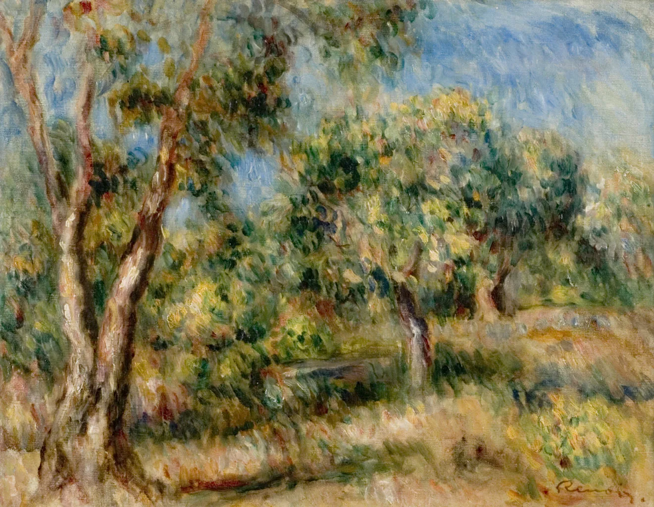Sunlit trees and shrubs cluster over a grassy Mediterranean hillside near Cagnes, rendered in bright green, ochre and blue