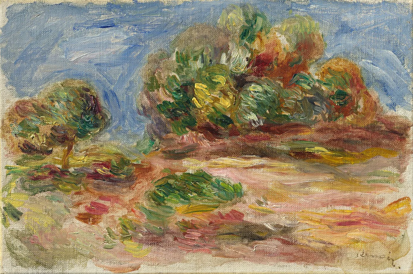 Two rounded trees with red-orange autumn foliage stand on a pink-ochre hillside beneath a blue sky.