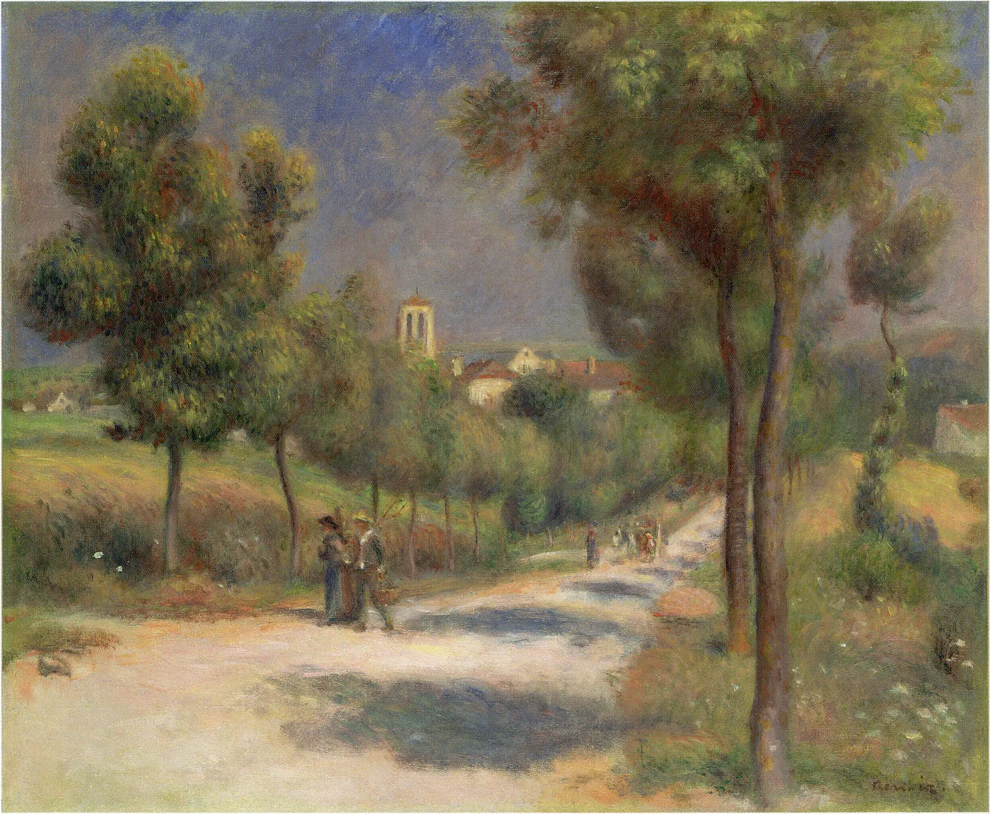 A road lined with tall trees leads toward a distant village church tower, small figures walking under a deep blue morning sky.